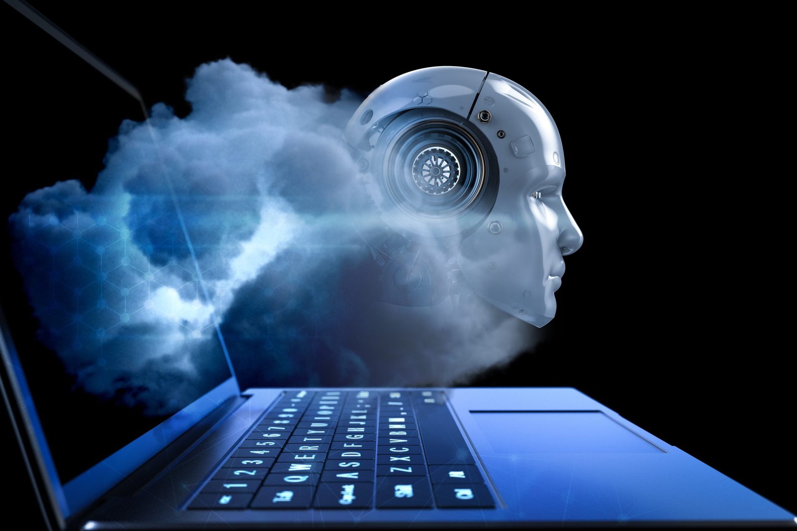 Cloud computing technology concept with 3d rendering cyborg with computer notebook