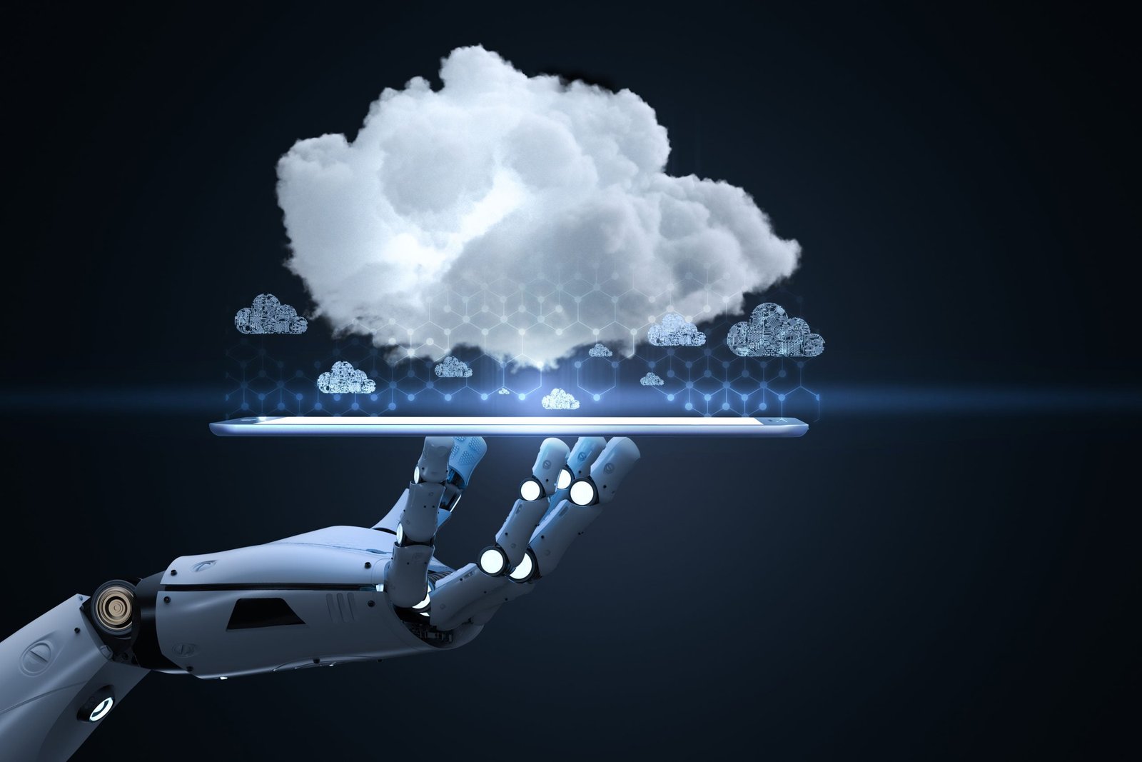 Cloud computing technology concept with 3d rendering cyborg work with cloud