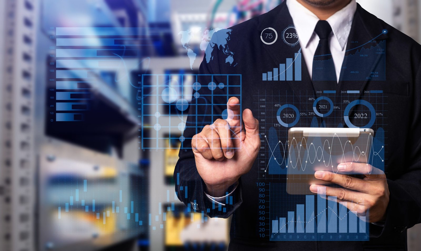 Data Management System with Business Analytics concept. business team hands working with provide information for Key Performance Indicators and marketing analysis onn virtual computer